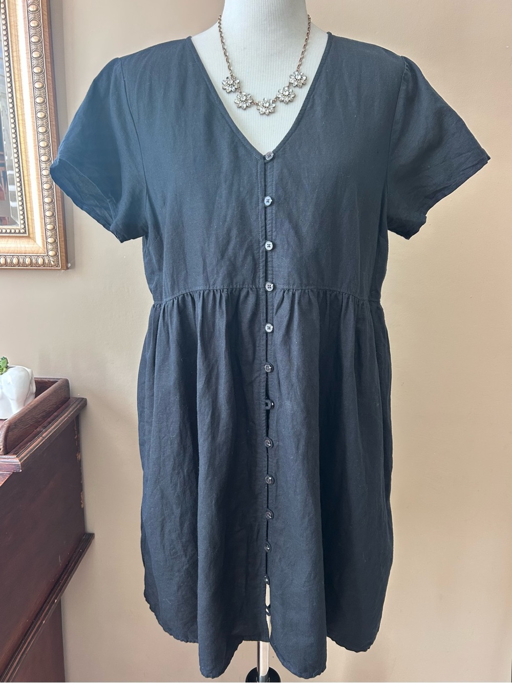 Madewell Black Linen Alexandra Button-Front Mini Dress Size L - Picture 11 of 11